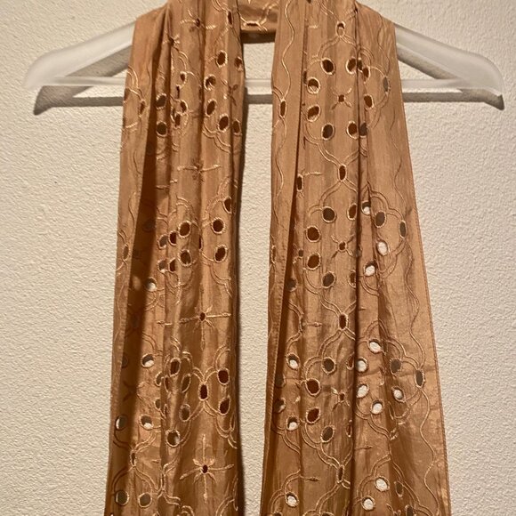 Brown Beige Ombré Scarf with Eyelet Embroidery and Fringe‎ 69x12 - Picture 3 of 5